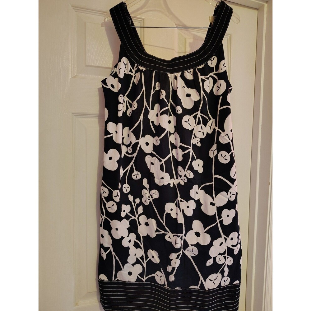 London Style Women's 12 Black White Floral Scoop Neck Sleeveless Shift Knee